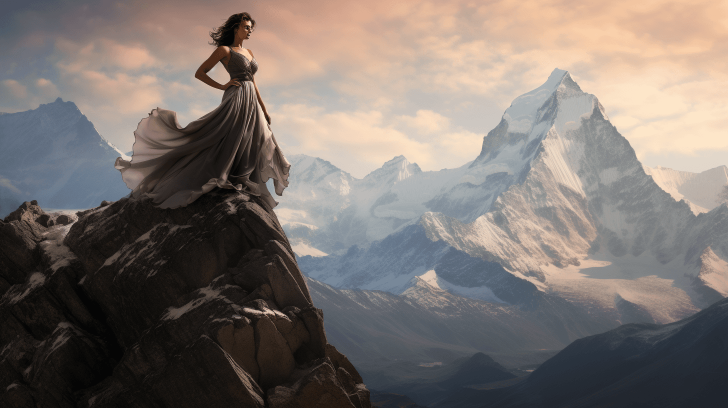 Midjourney:Majestic Lady: A Breathtaking Mountain Peak Pose