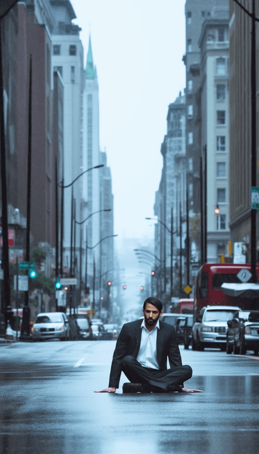 Midjourney: City Rain: Sensual Yoga in Beautiful Top-Down Photography