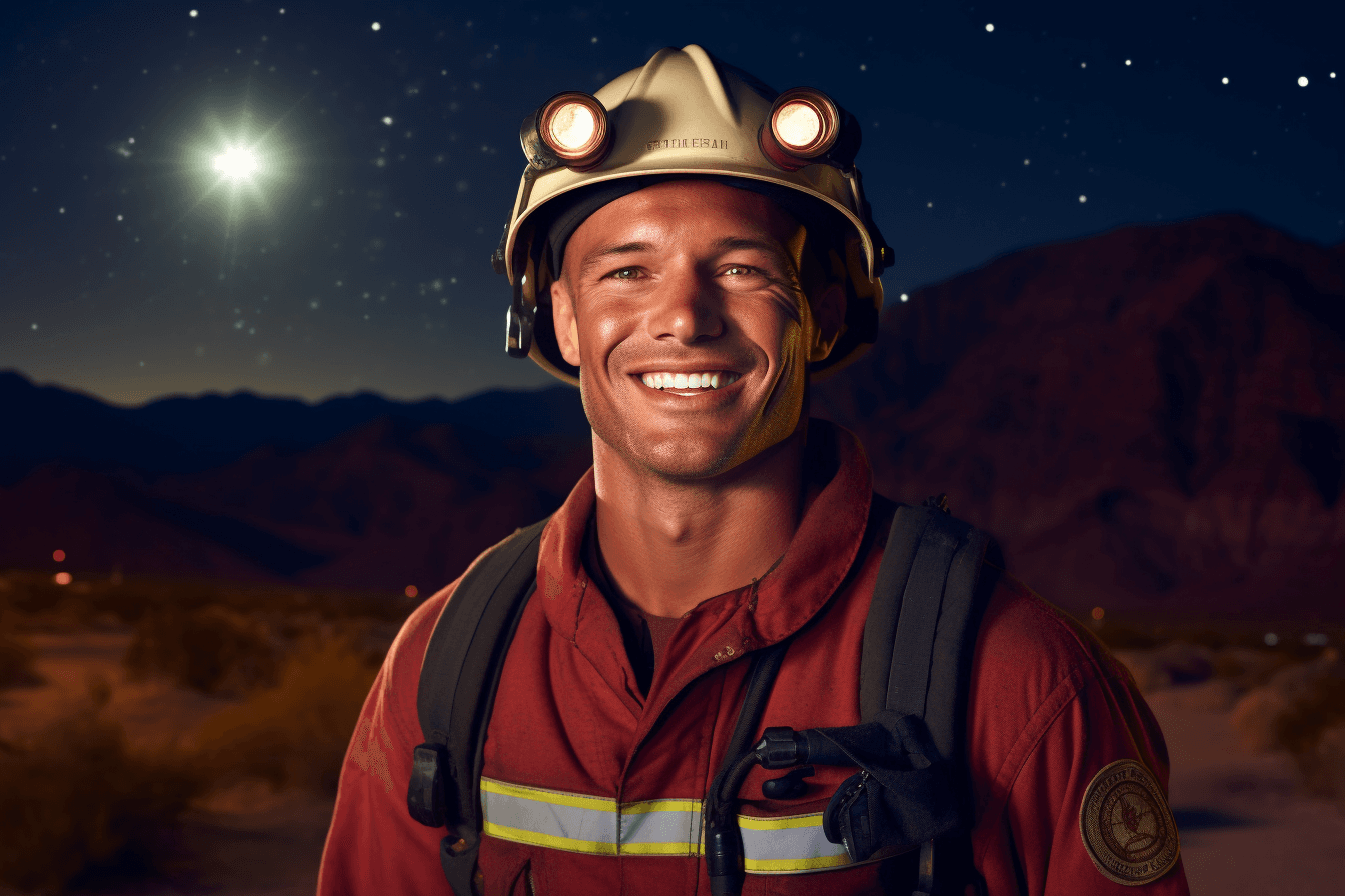 Midjourney: Radiant Firefighter Amidst Starry Desert