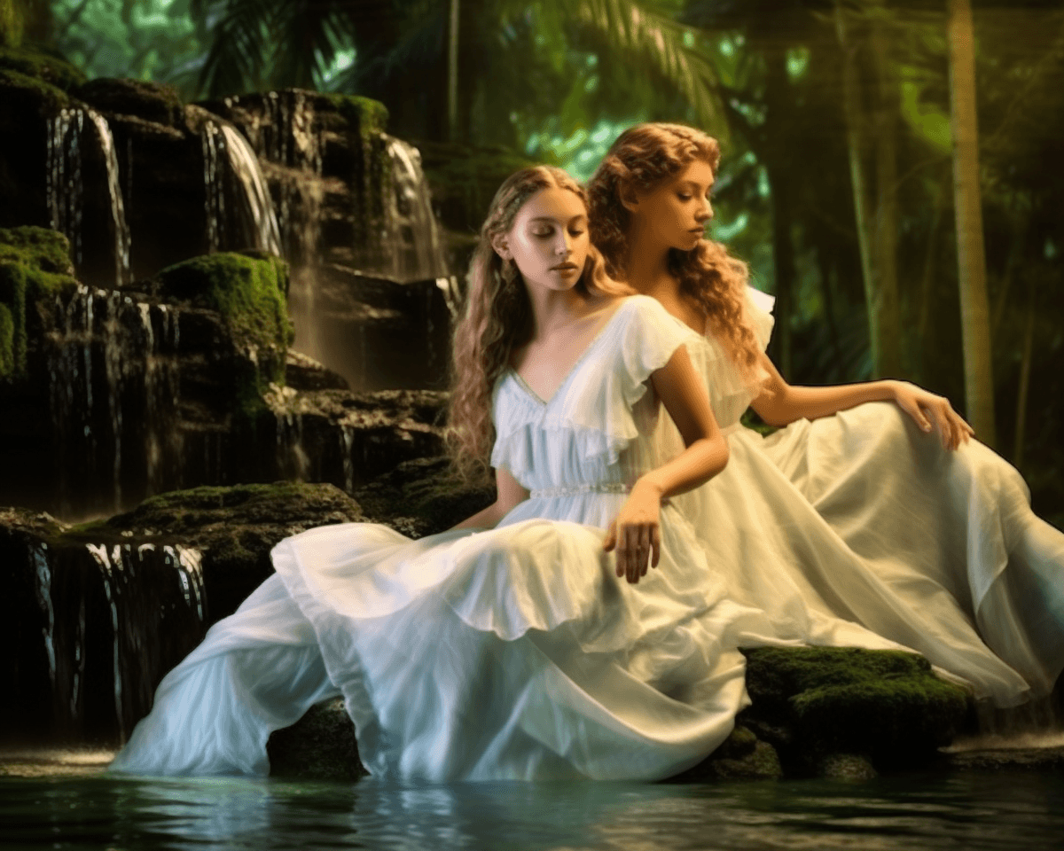 Midjourney: Captivating Oasis: Fashion-forward Grace at the Waterfall