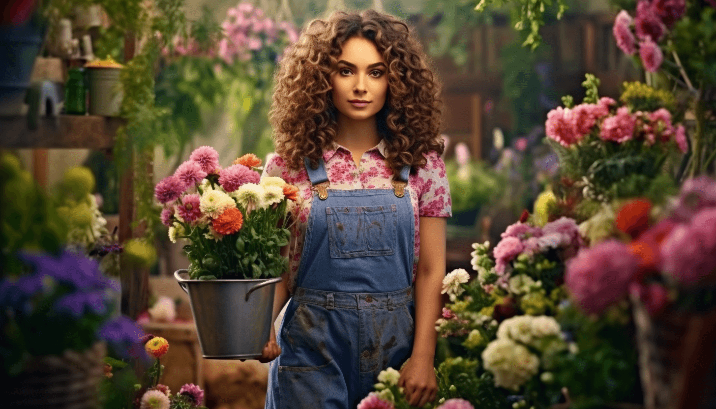Midjourney: Spring Garden: A Beautiful Curly-haired Gardener