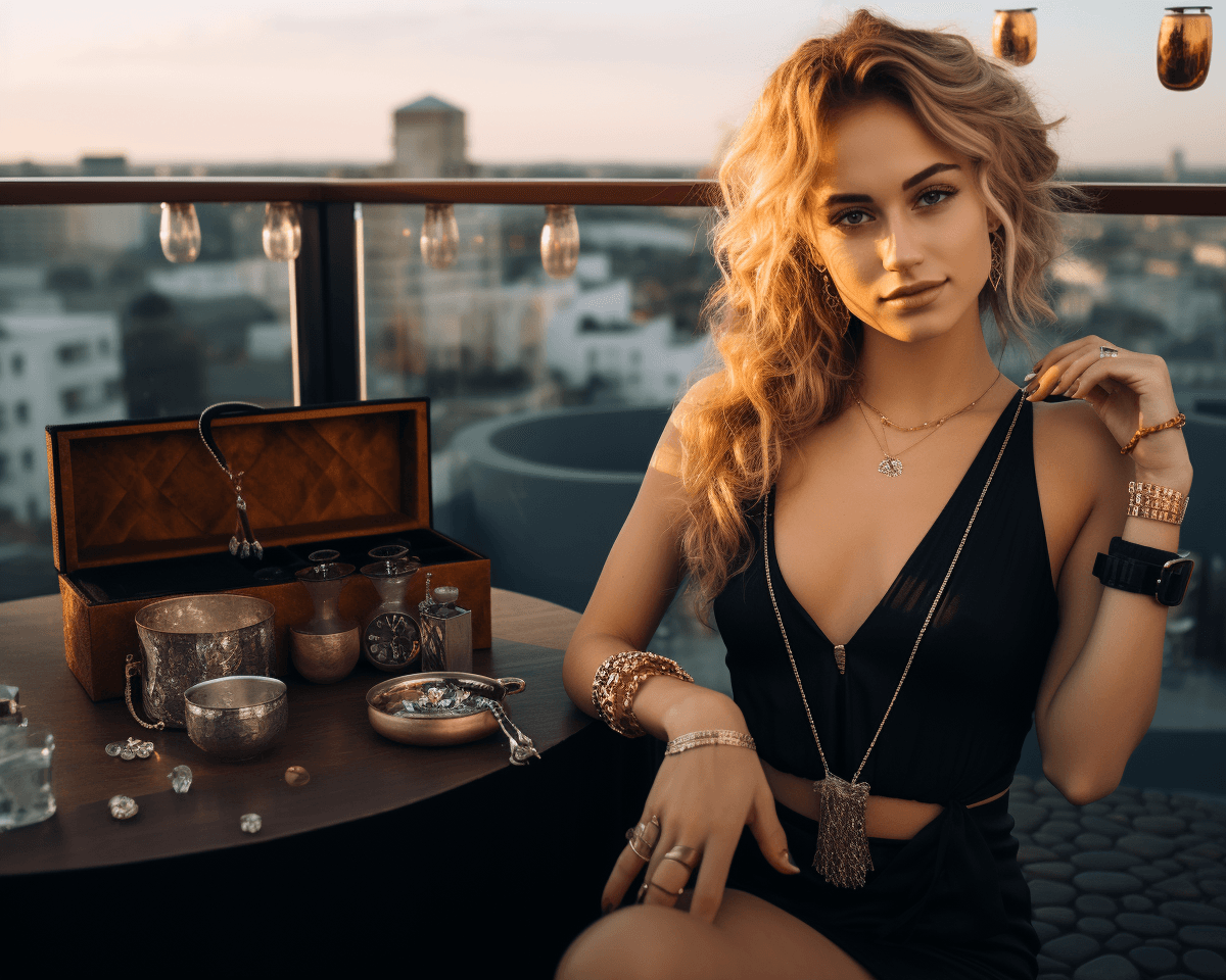 Midjourney: Rooftop Elegance: Stunning Accessories in High-Fashion Setting