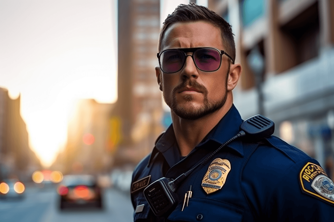 Midjourney: Stylish Police Officer Rocking Glasses in Downtown Skyline
