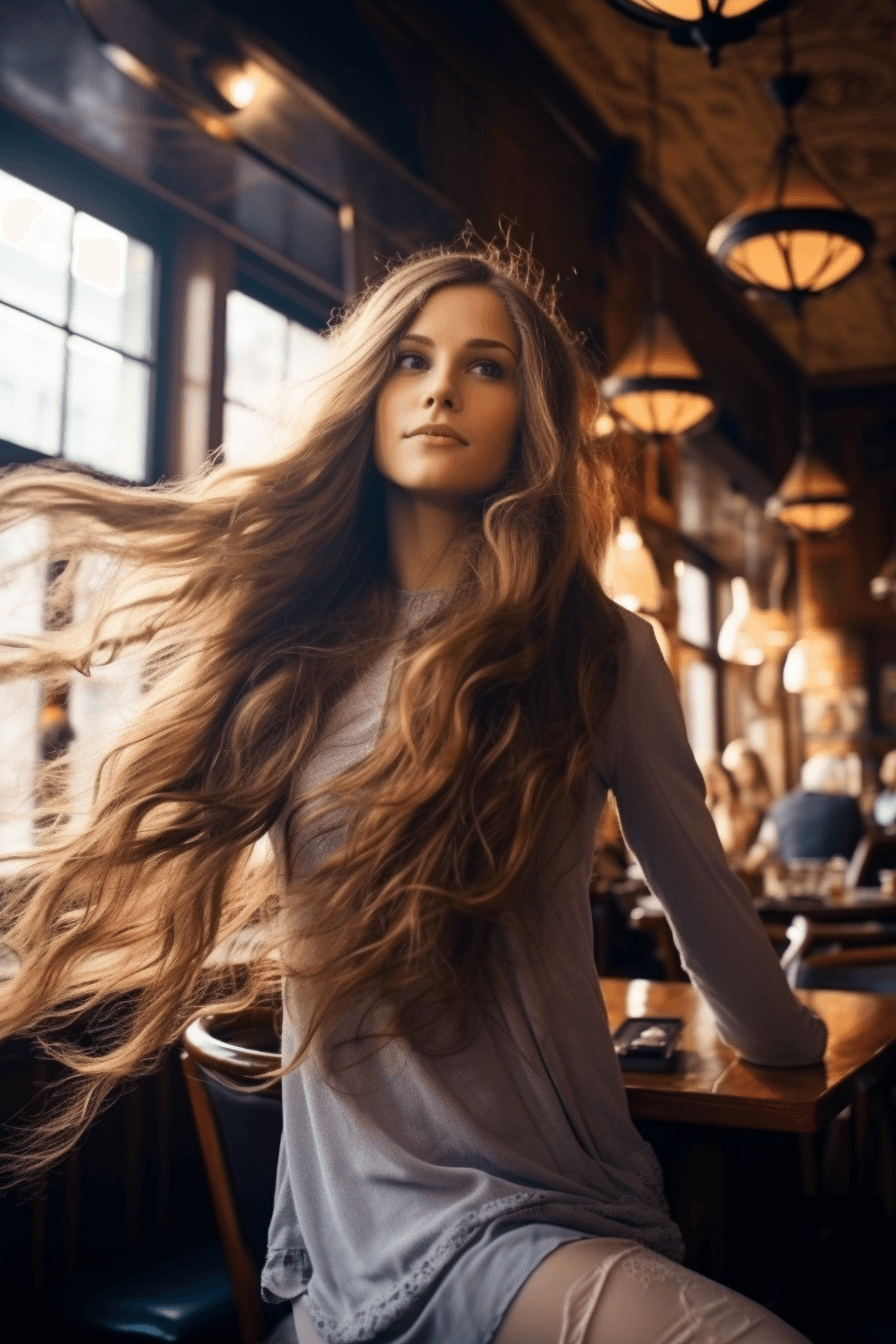 Midjourney: Lady with Beautiful Long Hair: A Cozy Coffee Shop Experience