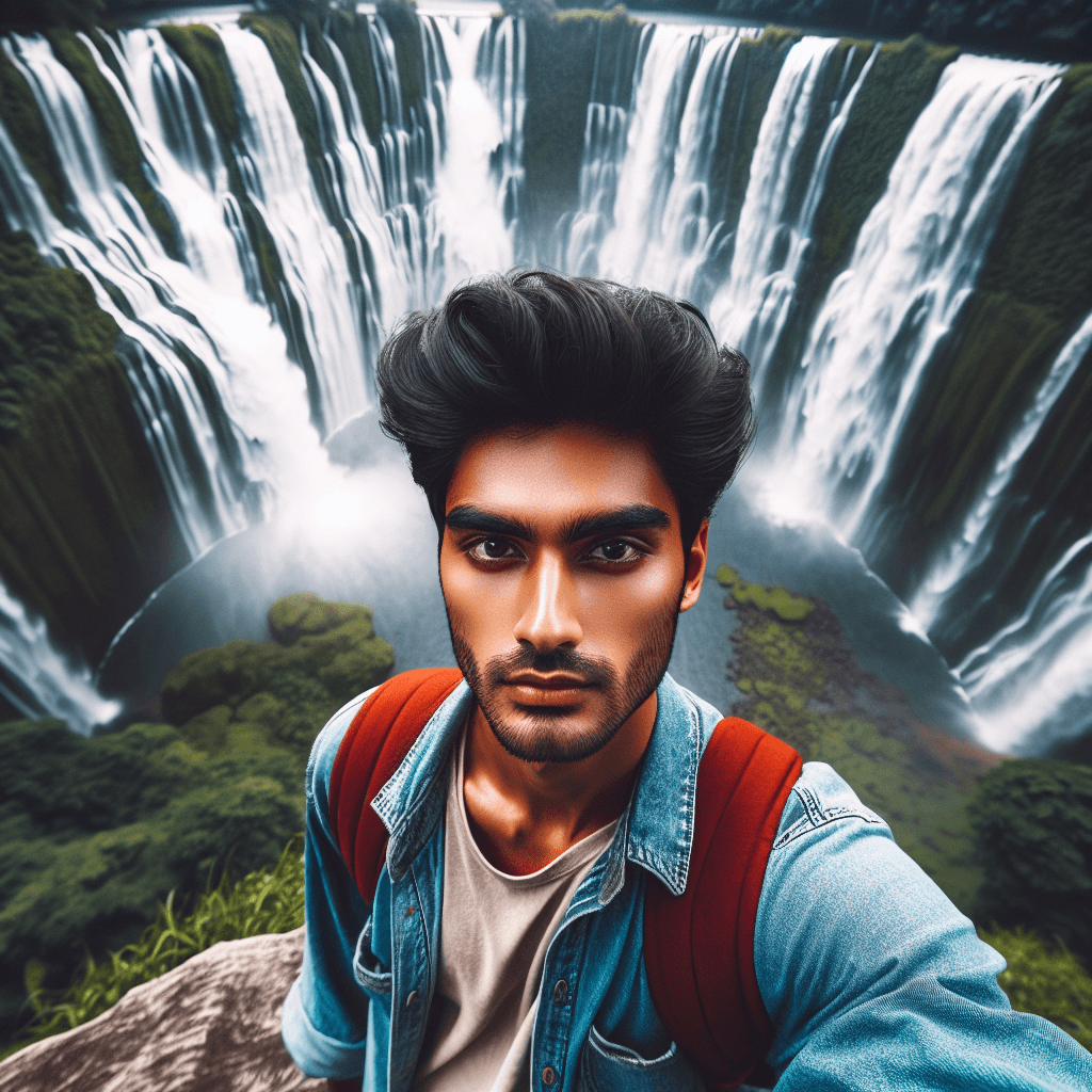 DALLE: Ethereal Waterfall: A College Guys Bold Pose