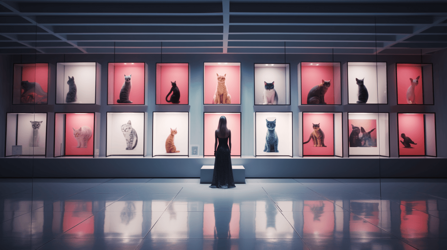 Midjourney: Cat Lover in Modern Art Gallery