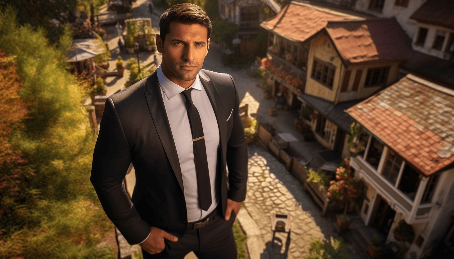 Midjourney: Enigmatic CEO in Quaint Village: High Angle Portrait