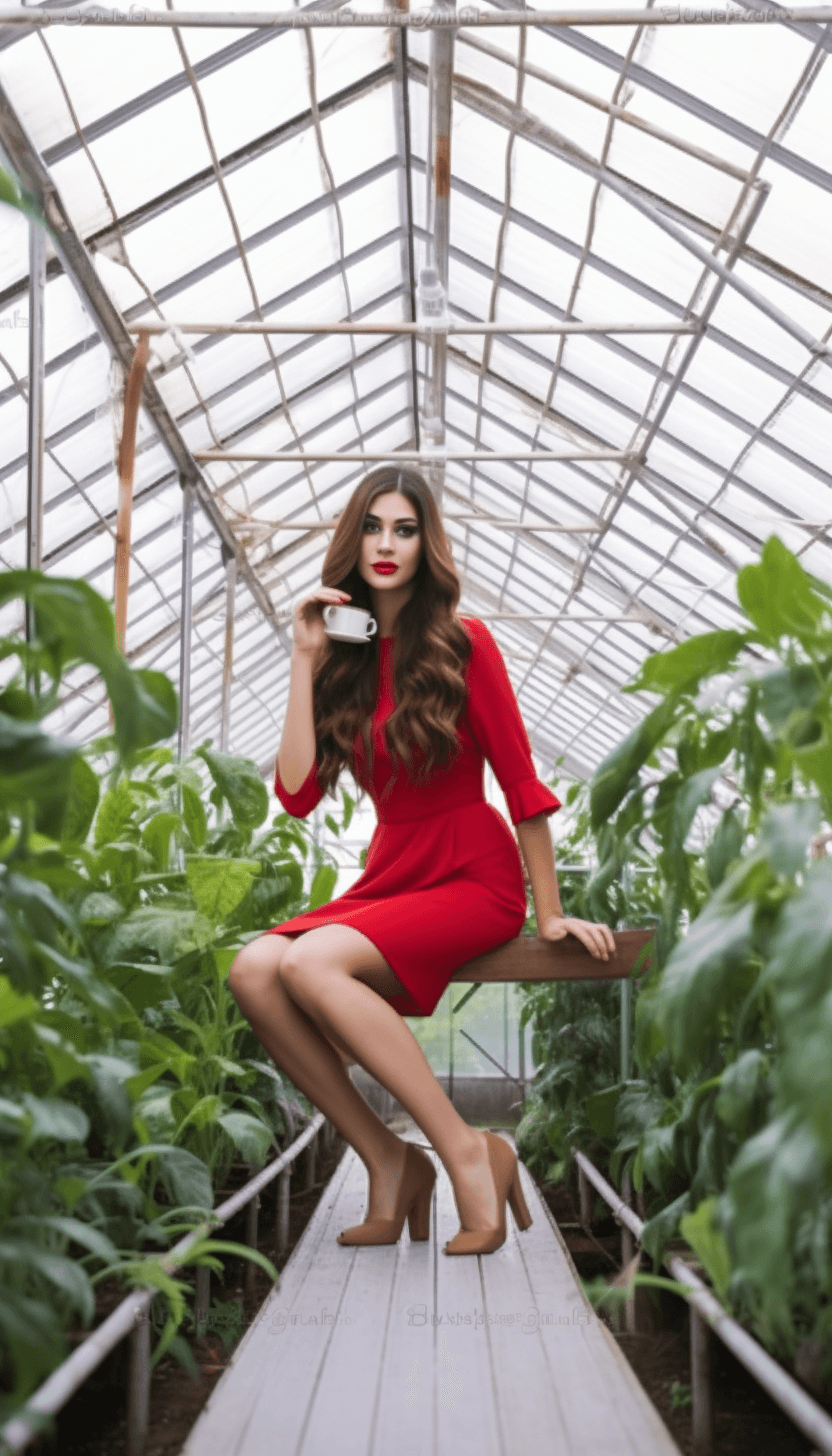 Midjourney: Glamorous Coffee Lover in Botanical Greenhouse