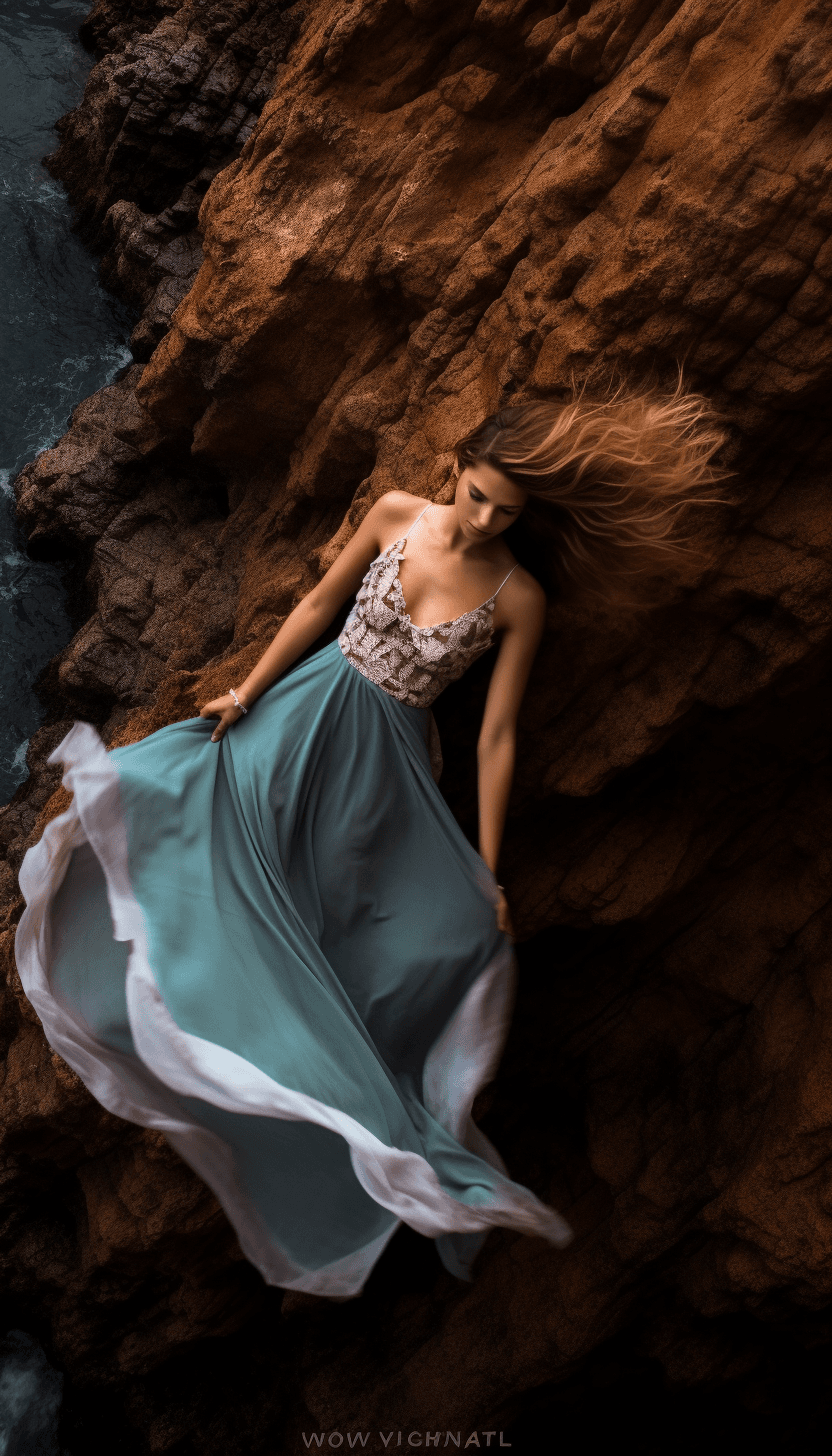 Midjourney: Dramatic Cliffside Model: Top-Down Super Quality Photography