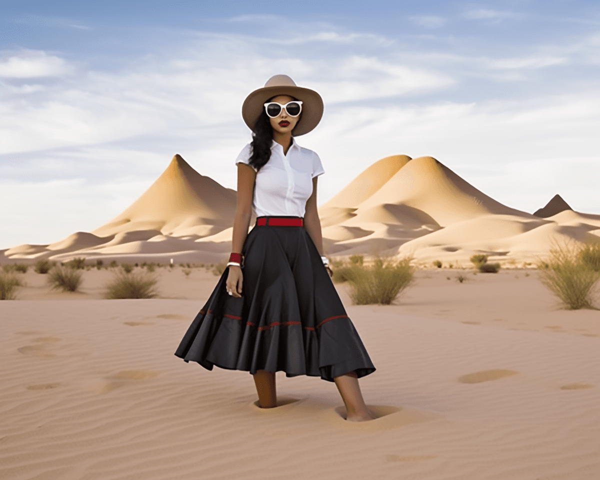 Midjourney: Desert Chic: Tourist in Dunes