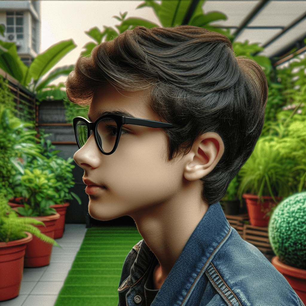 DALLE: Boy in Cat-Eye Glasses in Rooftop Garden