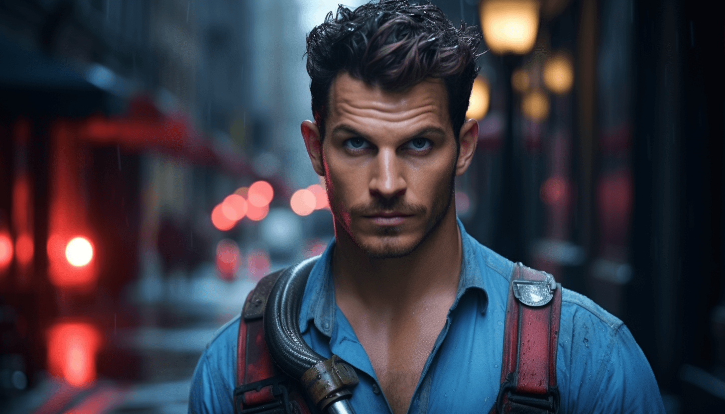Midjourney: Sultry Plumber in Rainy City Street Portrait